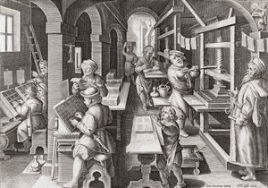 Eine europäische Druckerei um 1590 (Gravur) von Philip (after) Galle