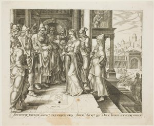Judith spricht zu den Ältesten von Bethulia, Platte drei aus Die Geschichte von Judith und Holofernes von Philip Galle