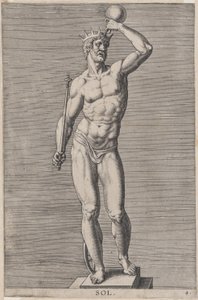 Platte 4: Apollo, Statue des nackten Gottes auf einem Sockel, mit einer Krone und einem...