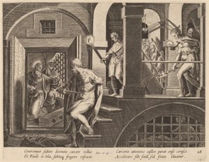 Der Gefängniswärter, der sich selbst töten will, bekehrt durch den heiligen Paulus von Philip Galle after Jan van der Straet