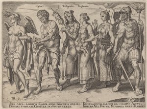 Fortuna, Arbeit, Fleiß, Sparsamkeit, Betrug (Ehrliche und unehrliche Wege, reich zu werden) von Philip Galle, after Maerten van Heemskerck