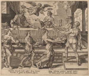 Arbeit und Fleiß genießen ihre einfache Mahlzeit von Philip Galle after Maerten van Heemskerck
