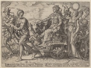 Periculum, Pauor, Latrocinium, Regina Pecunia, Stultitia, Invidia (Gefahren und Laster, die Reichtum begleiten) von Philip Galle, after Maerten van Heemskerck