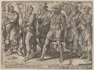 Pythius, Lucullus, Crassus, Sylla, Kroisos, Midas (Berüchtigte Beispiele von Reichtum aus der Antike) von Philip Galle, after Maerten van Heemskerck