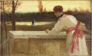 Mädchen auf einem Balkon, das ein Paar an einem See beobachtet von Philip Richard Morris