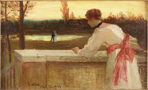 Mädchen auf einem Balkon beobachtet ein Paar an einem See von Philip Richard Morris