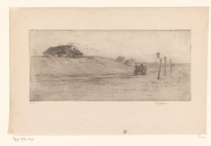 Landschaft mit Häusern, Laternen und Wagen