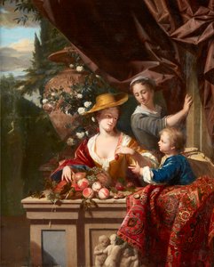 Elegante Figuren auf einer Terrasse mit einer Schale gemischter Früchte von Philip van Dyck