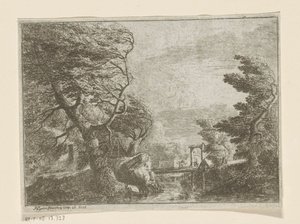 Stürmische Landschaft mit Bäumen neben einer Brücke über einen Fluss