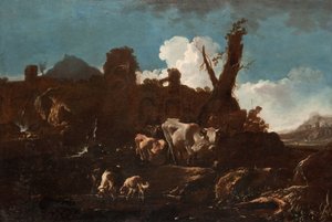 Rinder in einer italienischen Landschaft von Philipp Peter called Rosa da Tivoli Roos