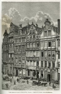 Alte Häuser auf dem Rathausplatz in Brüssel. Gravur von Ph. Benoist, zur Illustration der Geschichte Belgiens von Camille Lemonnier, veröffentlicht in Le tour du monde, unter der Leitung von Edouard Charton (1807-1890), Paris