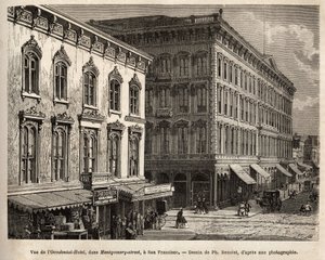 Ansicht des Occidental Hotels (Occidental Hotel), in der Montgomery-Straße (Montgomery street), San Francisco (Kalifornien), Gravur nach der Zeichnung von Ph. Benoist, zur Illustration der Reise von Washington nach San Francisco, 1868, von L. Simonin, verö von Philippe Benoist