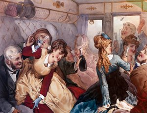 Der Vergnügungszug Eine Gruppe von Bürgern trinkt und unterhält sich in einem Wagen. Lithographie von Philippe Jacques Linder