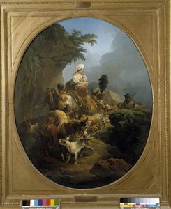 Karawane: die Reise einer Gruppe von Bauern mit Ochsen, Esel, Hund, Ziegen von Philippe Jacques de Loutherbourg