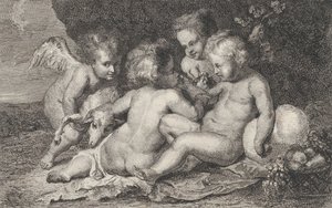 Eine Gruppe von drei Kindern und ein Putto mit Früchten und einem Lamm