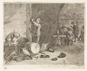 Interieur mit Junge bei einer Trommel und Rüstung