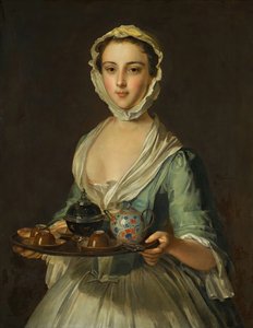Eine junge Frau mit einem Teetablett, möglicherweise Hannah, die Magd des Künstlers