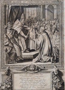 Tafel der Statuten des Ordens von Malta „Statuta Hospitalis Hervsalem“ (Erweichung eines Ritters durch einen Papst), von Philippe Thomassin, spätes 16. Jahrhundert von Philippe Thomassin