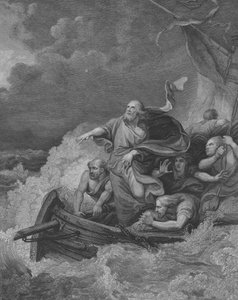 Christus stillt den Sturm, Matthäus 8, Vers 23-28 (Gravur)