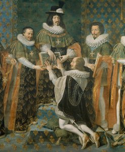 Ludwig XIII. begrüßt den Herzog von Longueville im Orden des Heiligen Geistes