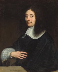 Porträt eines Gentlemans, traditionell identifiziert als Noël de Bullion, Halbfigur, in Schwarz mit Spitzenkragen und Ärmel, seine Handschuhe in der linken Hand, 1656 von Philippe de Champaigne