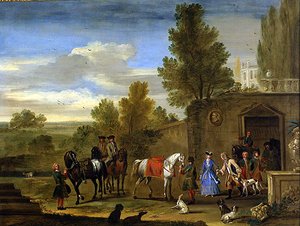 Reitergruppe vor den Mauern einer Burg von Philips (attr.) Wouwermans or Wouvermans