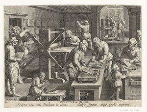 Produktion von Kupferstichen (Titel auf Objekt) Neue Erfindungen und Entdeckungen (Serientitel) Nova Reperta (Serientitel)