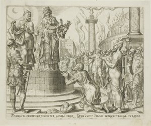 Judith zeigt den Menschen von Bethulia das Haupt des Holofernes, Platte sieben aus Die Geschichte von Judith und Holofernes von Philips Galle