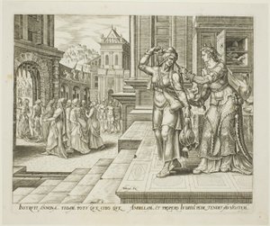 Judith bereitet sich vor, ins Lager der Feinde zu gehen, Platte vier aus Die Geschichte von Judith und Holofernes von Philips Galle