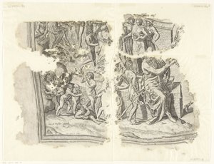 Linke untere Ecke einer Druckgrafik der Szene von Cebes (Tabula Cebetis Carta Vitae) von Philips Galle