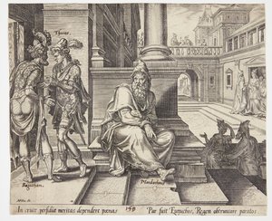 Mordechai belauscht den Verrat von Bigthan und Teresch von Philips Galle