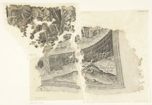 Rechteruntere Ecke einer Druckgrafik der Szene von Cebes (Tabula Cebetis Carta Vitae)