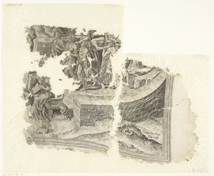 Rechteruntere Ecke einer Druckgrafik der Szene von Cebes (Tabula Cebetis Carta Vitae) von Philips Galle