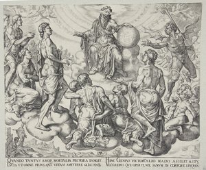 Satan fordert den Herrn heraus, Hiob seinen Schutz zu entziehen von Philips Galle