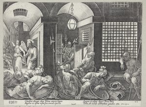 Der heilige Petrus wird vom Engel aus dem Gefängnis befreit von Philips Galle