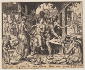 Der verlorene Sohn verschwendet sein Erbe mit Dirnen, aus dem Gleichnis vom verlorenen Sohn von Philips Galle