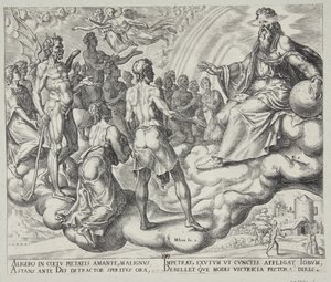 Die Söhne Gottes, Satan unter ihnen, stellen sich vor den Herrn von Philips Galle