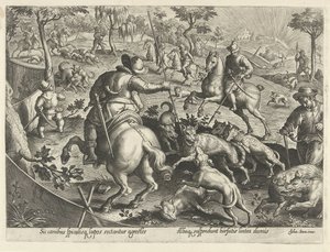 Wolfsjagd mit Speeren
Jagdszenen (Serientitel)
In quibus omne genus venationis, aucupij, piscatusque (Serientitel)
