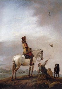 Ein Herr auf einem Pferd beobachtet einen Falkner