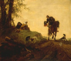 Landschaft mit einem Reiter, der zwei am Wegrand sitzende Frauen