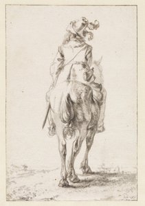 Reiter zu Pferd, von hinten gesehen