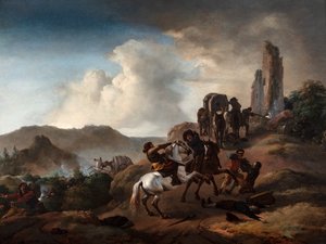 Banditen überfallen Reisende auf einem Pfad in einer italienischen Landschaft, ca. 1640-50