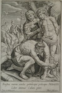 Der heilige Sebastian wird von zwei Soldaten an einen Baum gebunden von Philips van Mallery