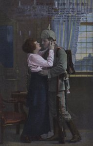 Deutscher Soldat verabschiedet sich von seiner Frau vor dem Krieg (farbiges Foto) von Photographer German