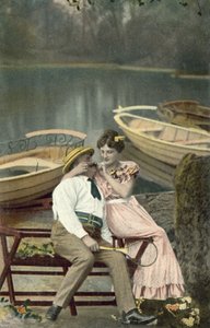 Mädchen, das den Schnurrbart eines korpulenten Mannes zupft von Photographer German