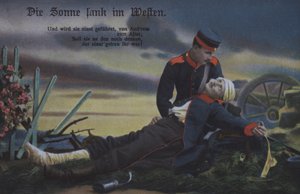 Die Sonne ging im Westen unter: ein deutscher Soldat tröstet seinen sterbenden Kameraden auf dem Schlachtfeld von Photographer German