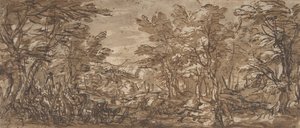 Waldszene, ein Halt links, eine Jagd in der Mitte, 1612-66 von Pier Francesco Mola