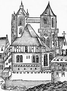 Abtei Montecassino, deutscher Holzschnitt, aus der Nürnberger Chronik (Liber Chronicarum) von Hartmann Schedel von Blaise Nicolas Le Sueur
