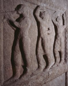 Musiker, Detail von der Grabstele von Pontassieve, Toskana, Italien, etruskische Zivilisation, 5. Jahrhundert v. Chr.