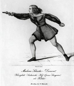 Porträt von Wilhelmine Schröder-Devrient, deutsche Sopranistin, in der Rolle der Leonora in Fidelio oder Die eheliche Liebe, von Ludwig van Beethoven, Gravur von Blaise Nicolas Le Sueur